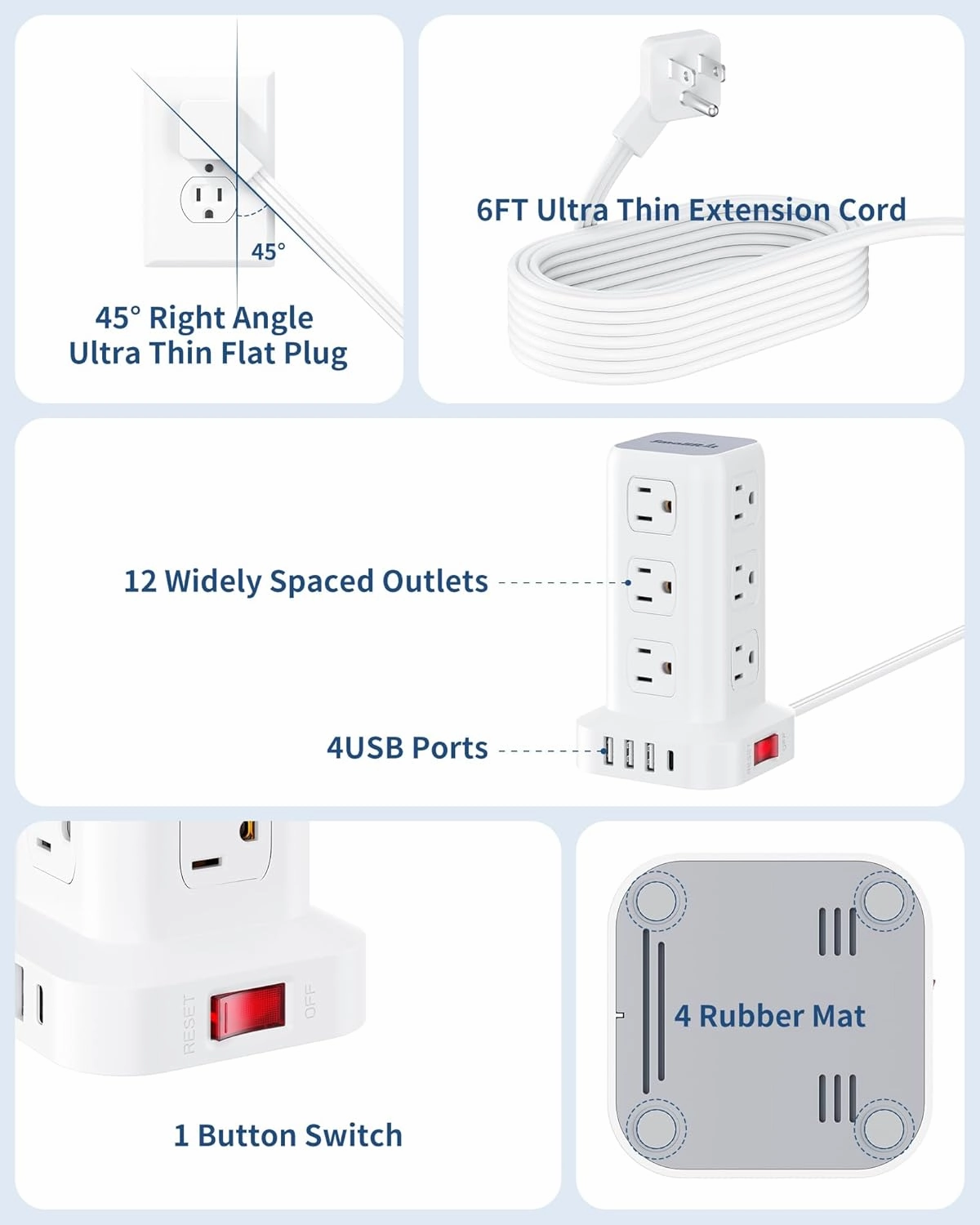Power Strip Surge Protector, 6.5FT Ultra Thin Flat Plug Extension Cord with 12 AC Multiple Outlets 4 USB (1 USB C), Power Strip Tower Desktop Charging Station for Sofas, Beds, Home Office