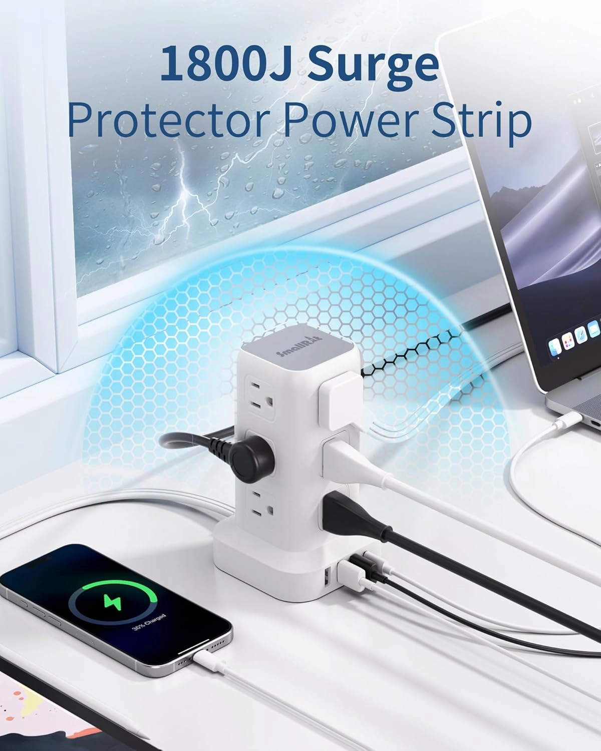 Power Strip Surge Protector, 6.5FT Ultra Thin Flat Plug Extension Cord with 12 AC Multiple Outlets 4 USB (1 USB C), Power Strip Tower Desktop Charging Station for Sofas, Beds, Home Office