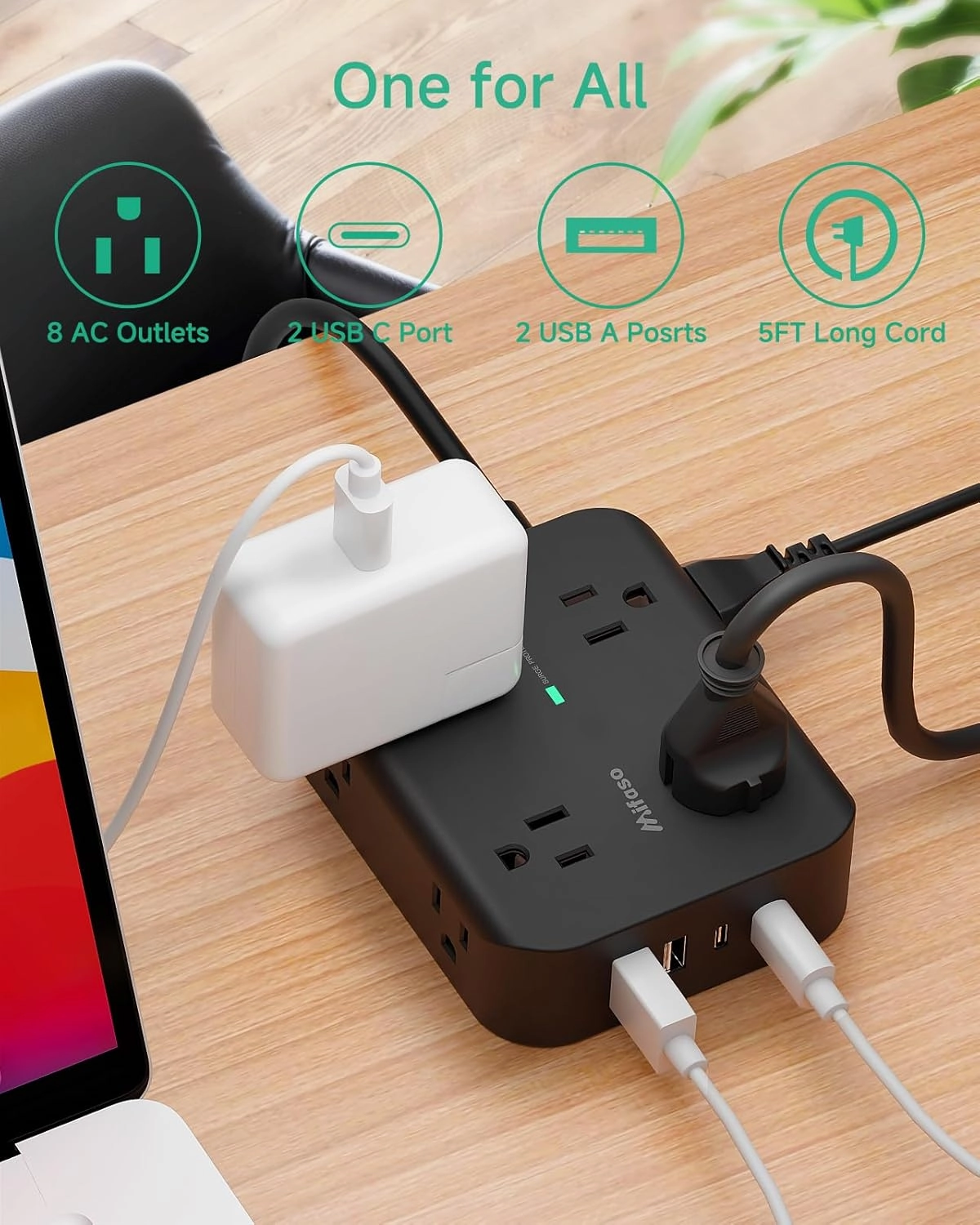 Power Strip Surge Protector - Flat Plug, Wall Mount, 8 Wide Outlets with 4 USB Ports (2 USB C), 5FT Heavy Duty Extension Cord with Multiple Outlets, Charging Station Overload Protection for Home Dorm