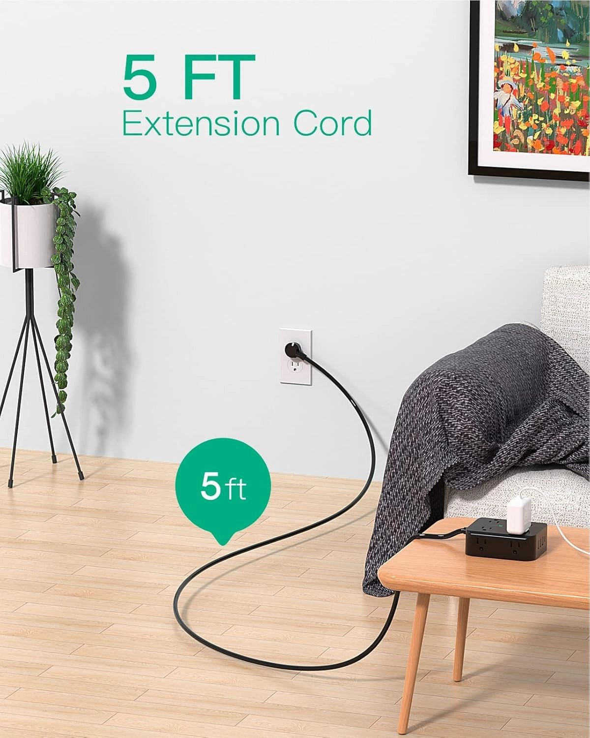Power Strip Surge Protector - Flat Plug, Wall Mount, 8 Wide Outlets with 4 USB Ports (2 USB C), 5FT Heavy Duty Extension Cord with Multiple Outlets, Charging Station Overload Protection for Home Dorm