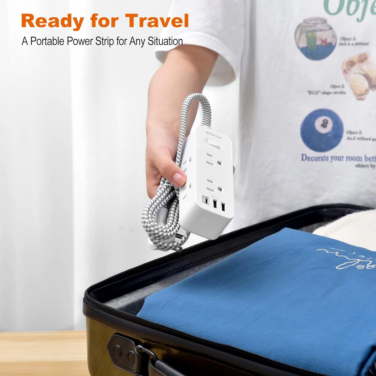 Power Strip Surge Protector, BESHON 5Ft Extension Cord, 6 Outlets with 3 USB Ports(1 USB C Outlet), 3-Side Outlet Extender, Wall Mount, Compact for Travel, Home, School, College Dorm Room and Office