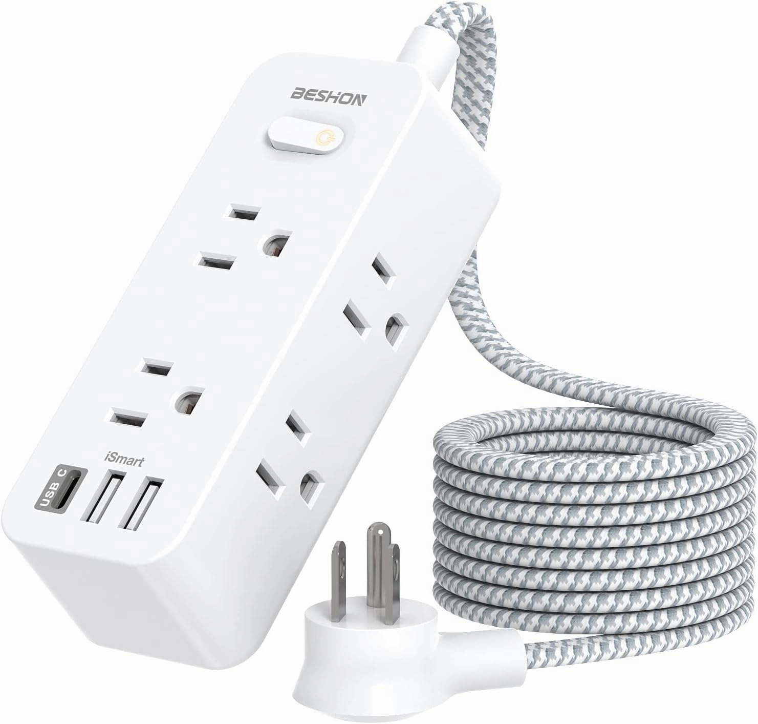 Power Strip Surge Protector, BESHON 5Ft Extension Cord, 6 Outlets with 3 USB Ports(1 USB C Outlet), 3-Side Outlet Extender, Wall Mount, Compact for Travel, Home, School, College Dorm Room and Office power cord,hi-fi power cable,AC power lead,