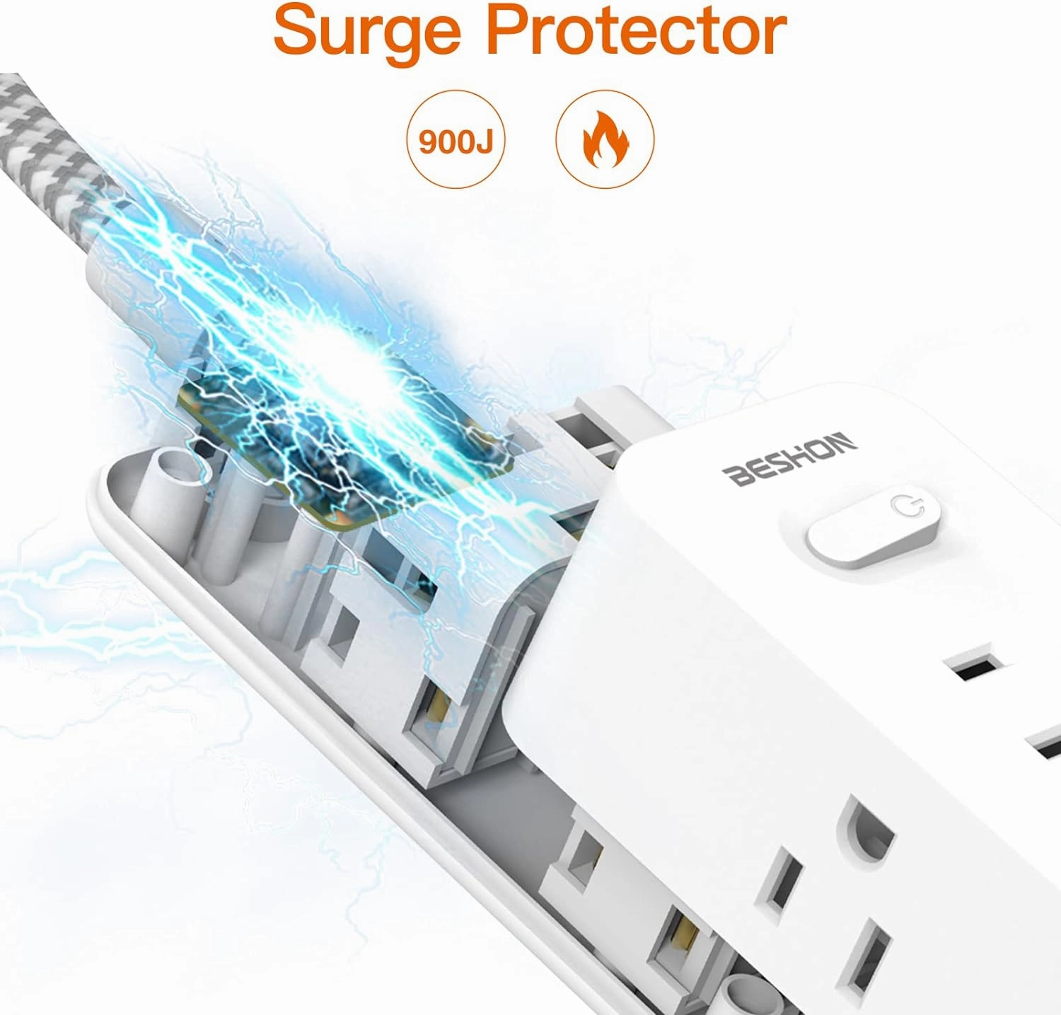 Power Strip Surge Protector, BESHON 5Ft Extension Cord, 6 Outlets with 3 USB Ports(1 USB C Outlet), 3-Side Outlet Extender, Wall Mount, Compact for Travel, Home, School, College Dorm Room and Office