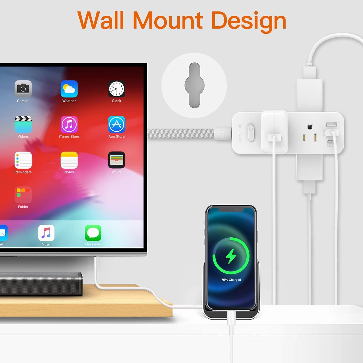 Power Strip Surge Protector, BESHON 5Ft Extension Cord, 6 Outlets with 3 USB Ports(1 USB C Outlet), 3-Side Outlet Extender, Wall Mount, Compact for Travel, Home, School, College Dorm Room and Office