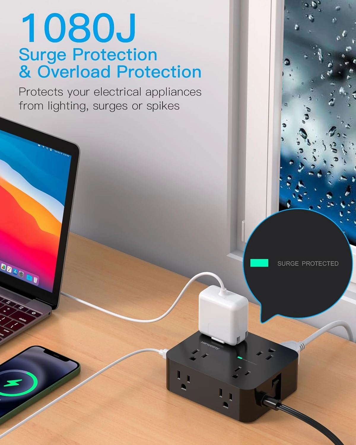 Power Strip Surge Protector, HANYCONY 5Ft Ultra Thin Flat Extension Cord with Multiple Outlets, 8 Widely Outlet Extender 4 USB Ports(2 USB C), 1080J Wall Mount for College Dorm Room Essentials Black