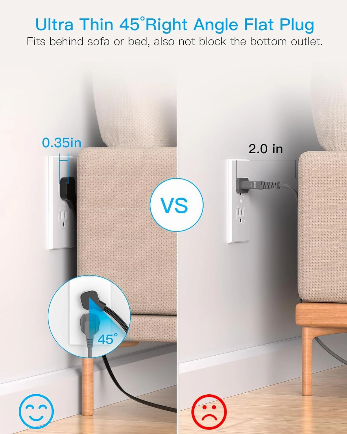 Power Strip Surge Protector, HANYCONY 5Ft Ultra Thin Flat Extension Cord with Multiple Outlets, 8 Widely Outlet Extender 4 USB Ports(2 USB C), 1080J Wall Mount for College Dorm Room Essentials Black