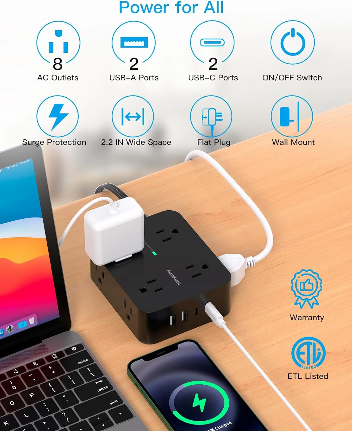 Power Strip Surge Protector, HANYCONY 5Ft Ultra Thin Flat Extension Cord with Multiple Outlets, 8 Widely Outlet Extender 4 USB Ports(2 USB C), 1080J Wall Mount for College Dorm Room Essentials Black
