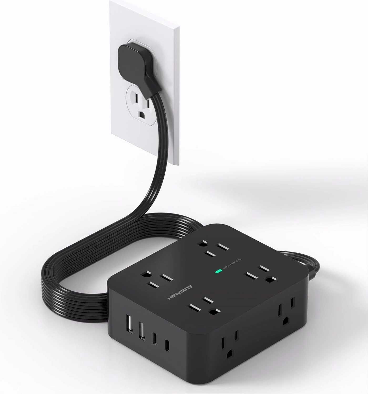 Power Strip Surge Protector, HANYCONY 5Ft Ultra Thin Flat Extension Cord with Multiple Outlets, 8 Widely Outlet Extender 4 USB Ports(2 USB C), 1080J Wall Mount for College Dorm Room Essentials Black power cord,hi-fi power cable,AC power lead,