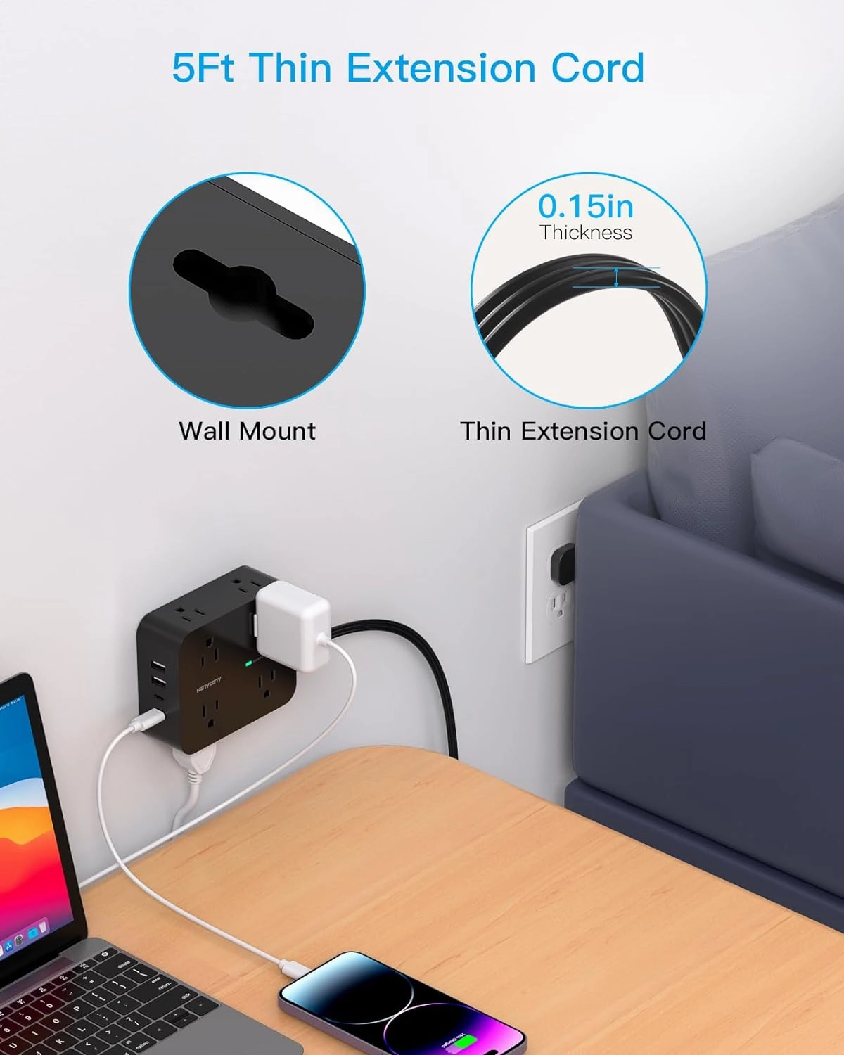Power Strip Surge Protector, HANYCONY 5Ft Ultra Thin Flat Extension Cord with Multiple Outlets, 8 Widely Outlet Extender 4 USB Ports(2 USB C), 1080J Wall Mount for College Dorm Room Essentials Black