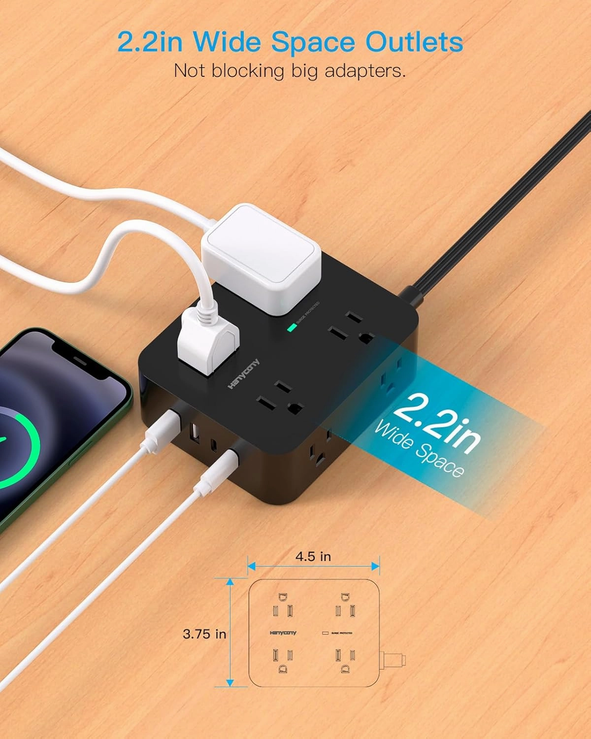 Power Strip Surge Protector, HANYCONY 5Ft Ultra Thin Flat Extension Cord with Multiple Outlets, 8 Widely Outlet Extender 4 USB Ports(2 USB C), 1080J Wall Mount for College Dorm Room Essentials Black