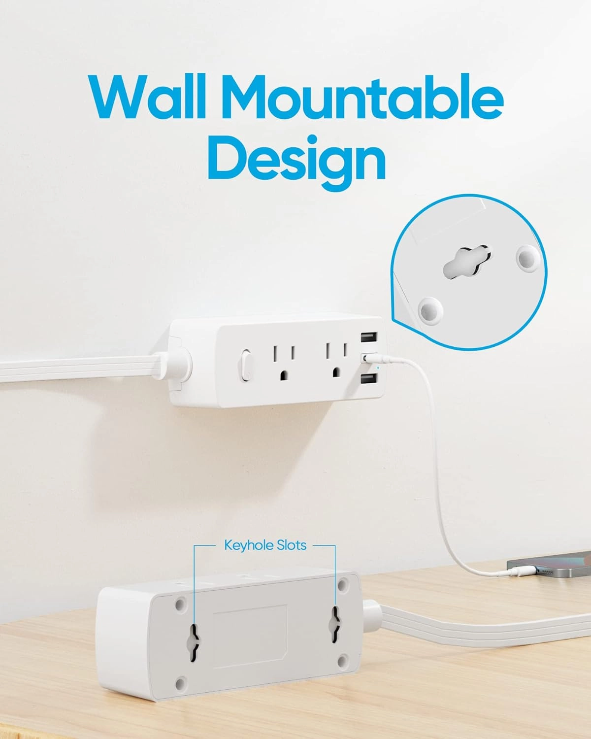 Power Strip Surge Protector, Olcorife Ultra Thin Flat Plug Extension Cord 5ft, 6 Outlets 3 USB Ports(1 USB C), 3 Sided Outlet Extender for Home Office Travel Dorm Room Essentials, White