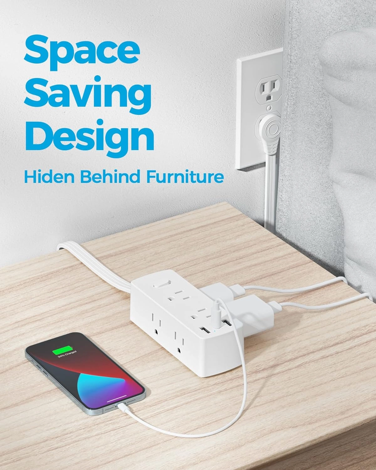 Power Strip Surge Protector, Olcorife Ultra Thin Flat Plug Extension Cord 5ft, 6 Outlets 3 USB Ports(1 USB C), 3 Sided Outlet Extender for Home Office Travel Dorm Room Essentials, White