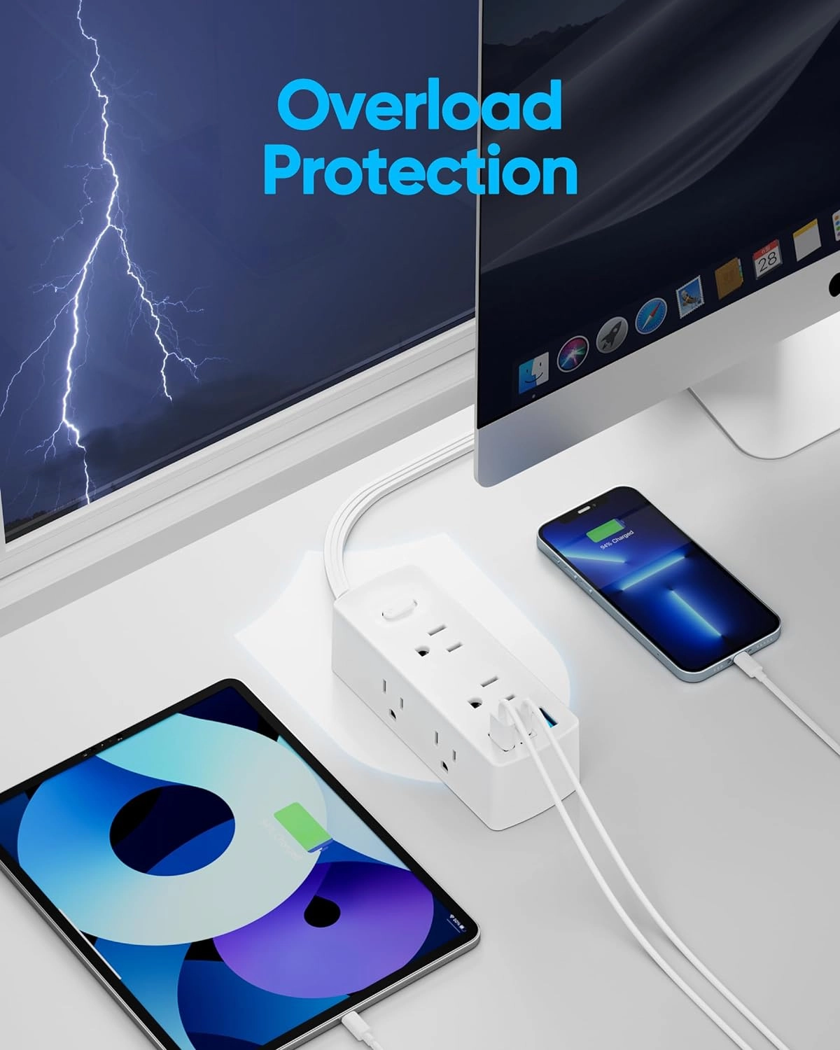 Power Strip Surge Protector, Olcorife Ultra Thin Flat Plug Extension Cord 5ft, 6 Outlets 3 USB Ports(1 USB C), 3 Sided Outlet Extender for Home Office Travel Dorm Room Essentials, White