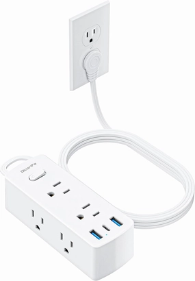 Power Strip Surge Protector, Olcorife Ultra Thin Flat Plug Extension Cord 5ft, 6 Outlets 3 USB Ports(1 USB C), 3 Sided Outlet Extender for Home Office Travel Dorm Room Essentials, White power cord,hi-fi power cable,AC power lead,