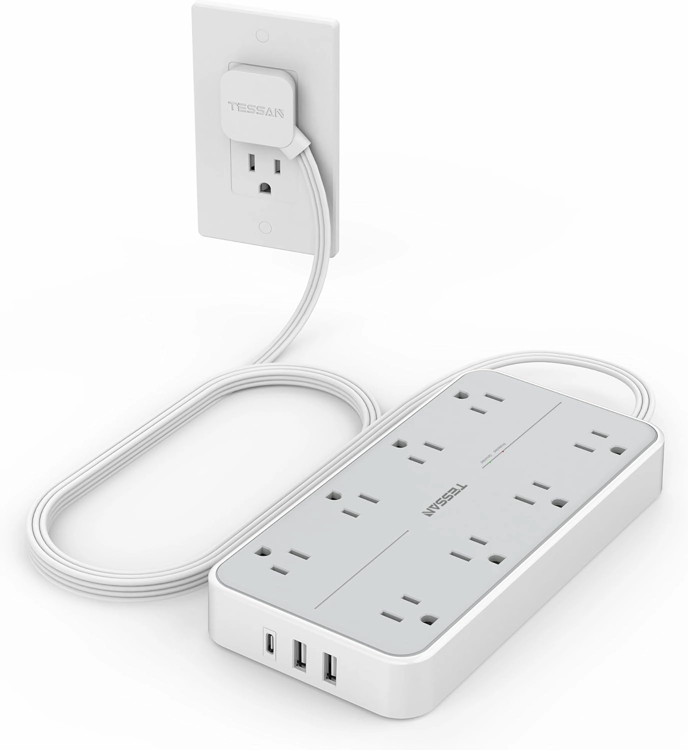 Power Strip Surge Protector, TESSAN Flat Plug Extension Cord with 8 Outlets 3 USB Charger(1 USB C), 1080 Joules Protection, Wall Mountable Charging Station for Home Office School Dorm Room Essentials power cord,hi-fi power cable,AC power lead,