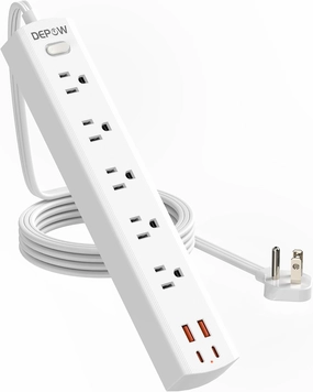 Power Strip Surge Protector with 5 AC Outlets(1875W/15A) 4 USB Ports (2 USB C), 5 Ft Ultra Thin Extension Cord, Low Profile Flat Plug, 1700 Joules, Wall Mount for Home Office, White power cord,hi-fi power cable,AC power lead,