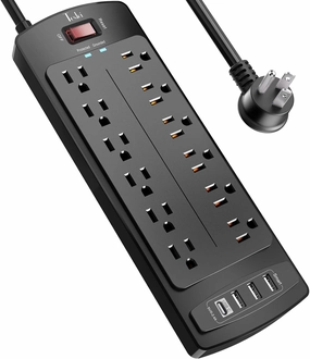 Power Strip, Tcstei Surge Protector with 12 Outlets and 4 USB Ports, 6 Feet Extension Cord (1875W/15A) for for Home, Office, Dorm Essentials, 2700 Joules, ETL Listed, (Black) power cord,hi-fi power cable,AC power lead,