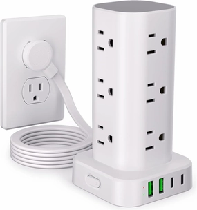 Power Strip Tower with Multiple Outlets, Flat Plug Surge Protector Tower Extension Cord with 12 AC Outlets 4 USB Ports (2 USB C), 6FT Cord Power Tower Surge Protector for Home Office Dorm Room, White power cord,hi-fi power cable,AC power lead,