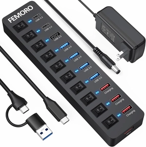 Powered USB Hub 3.2 11-Port, Type C & USB (10Gbps)*3   USB3.0 (5Gbps)*4   Power-only*4 with 12V 4A Power Adapter Individual Switches Dessign Multiport Expander for Laptop PC Smartphone External SSD smart audio hub,voice control speaker,Alexa compatible