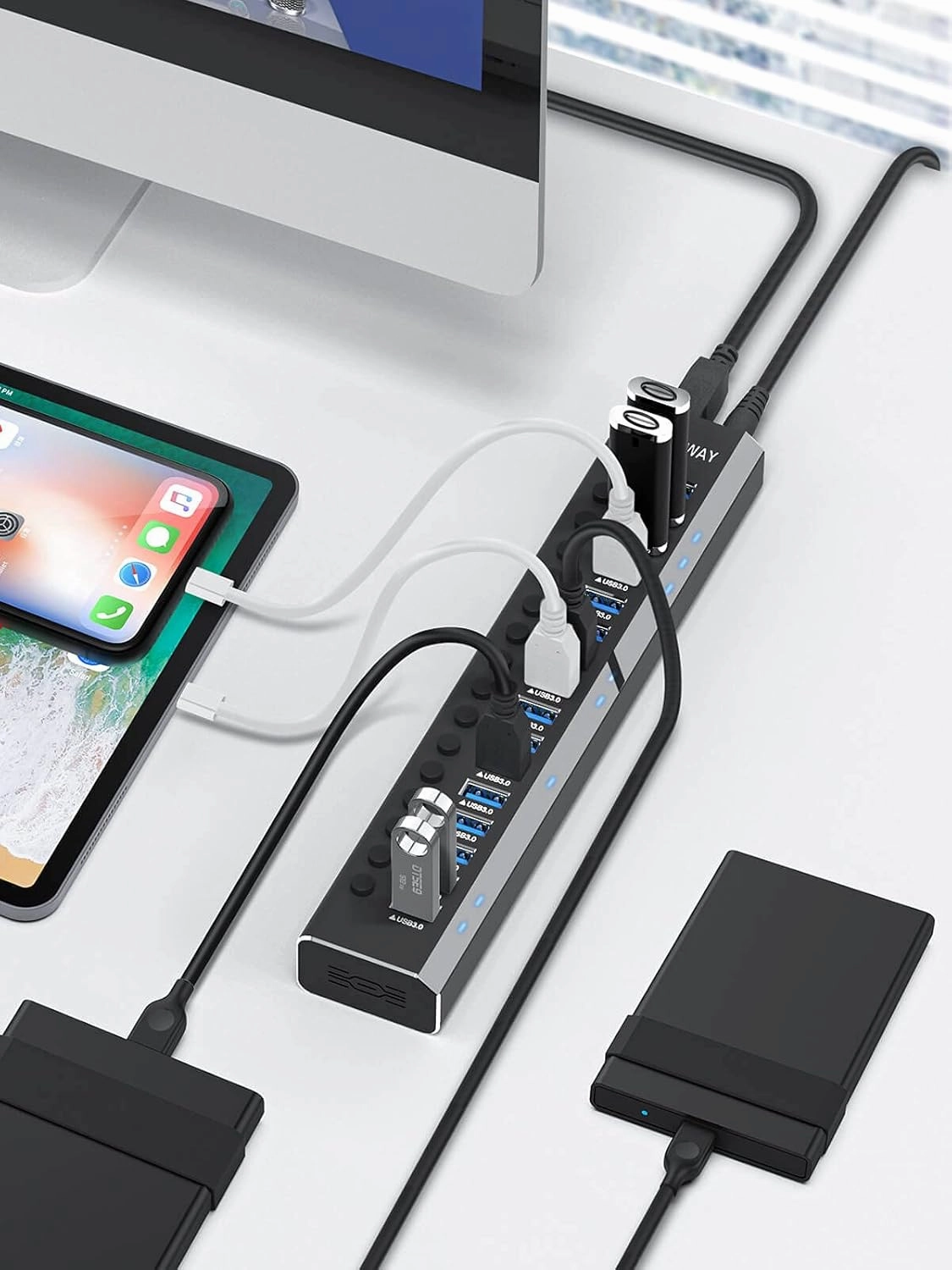Powered USB Hub Rosonway 16 Ports 96W USB 3.0 Data Hub Aluminum USB Hub 3.0 Splitter with 12V/8A Power Adapter and Individual On/Off Switches RSH-A16 (Black)