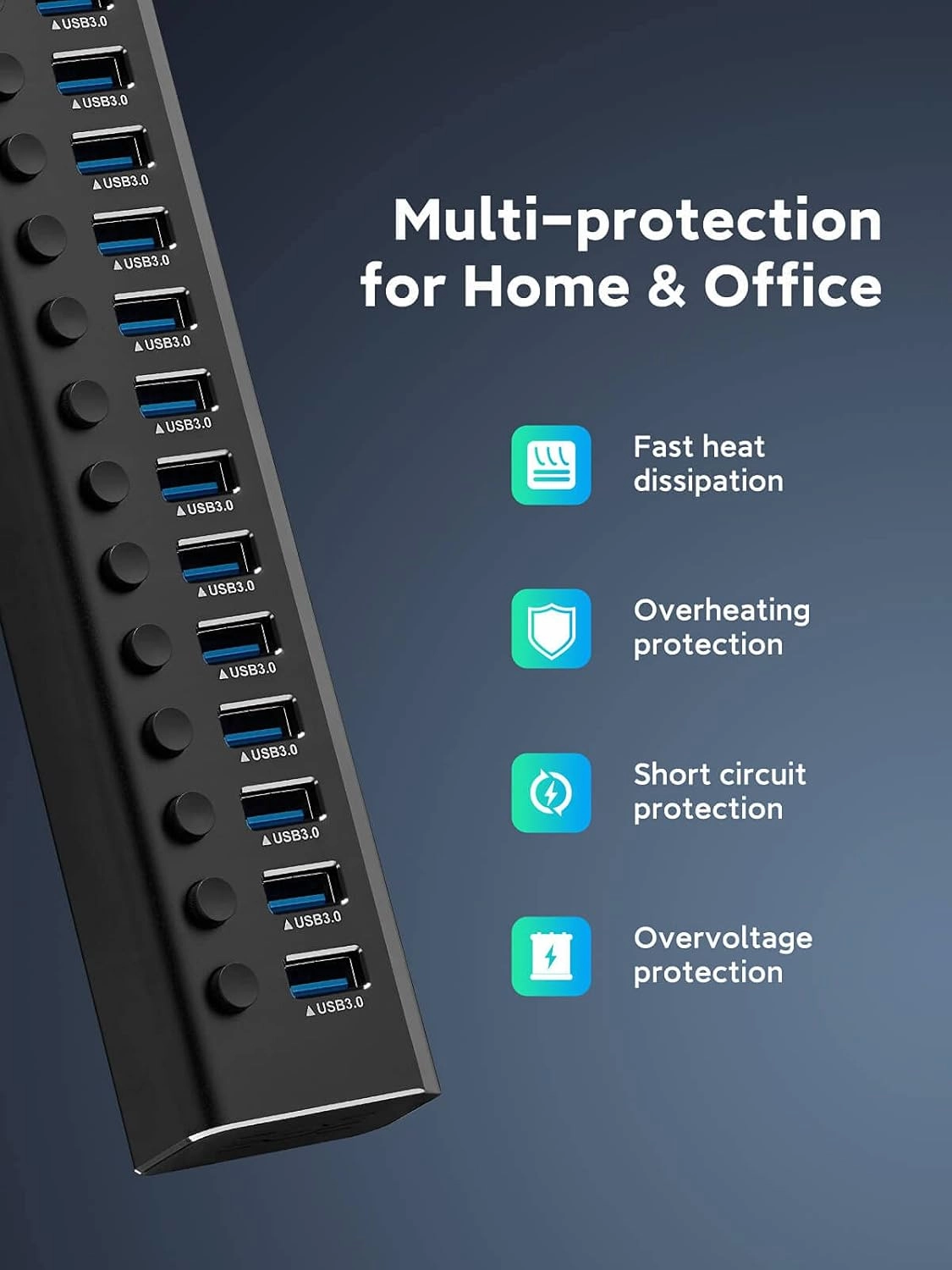 Powered USB Hub Rosonway 16 Ports 96W USB 3.0 Data Hub Aluminum USB Hub 3.0 Splitter with 12V/8A Power Adapter and Individual On/Off Switches RSH-A16 (Black)