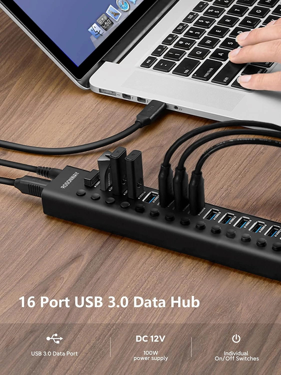 Powered USB Hub Rosonway 16 Ports 96W USB 3.0 Data Hub Aluminum USB Hub 3.0 Splitter with 12V/8A Power Adapter and Individual On/Off Switches RSH-A16 (Black)