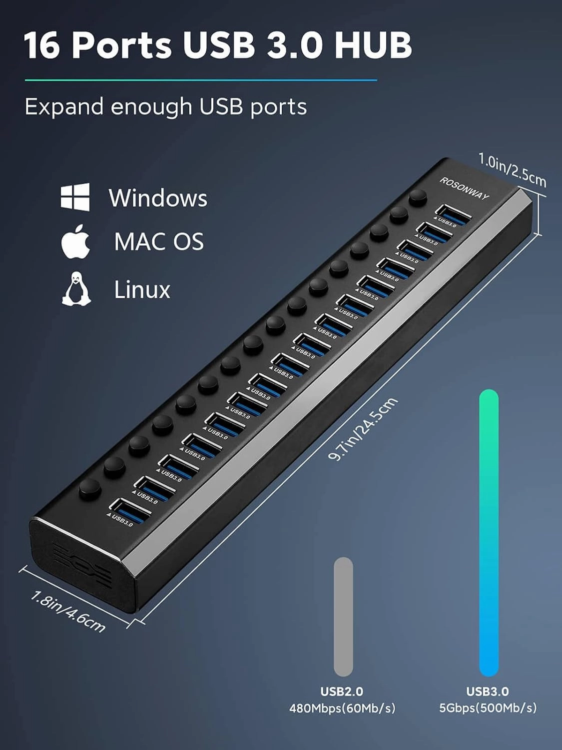 Powered USB Hub Rosonway 16 Ports 96W USB 3.0 Data Hub Aluminum USB Hub 3.0 Splitter with 12V/8A Power Adapter and Individual On/Off Switches RSH-A16 (Black)