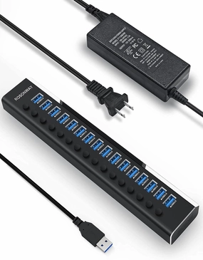 Powered USB Hub Rosonway 16 Ports 96W USB 3.0 Data Hub Aluminum USB Hub 3.0 Splitter with 12V/8A Power Adapter and Individual On/Off Switches RSH-A16 (Black) smart audio hub,voice control speaker,Alexa compatible audio,