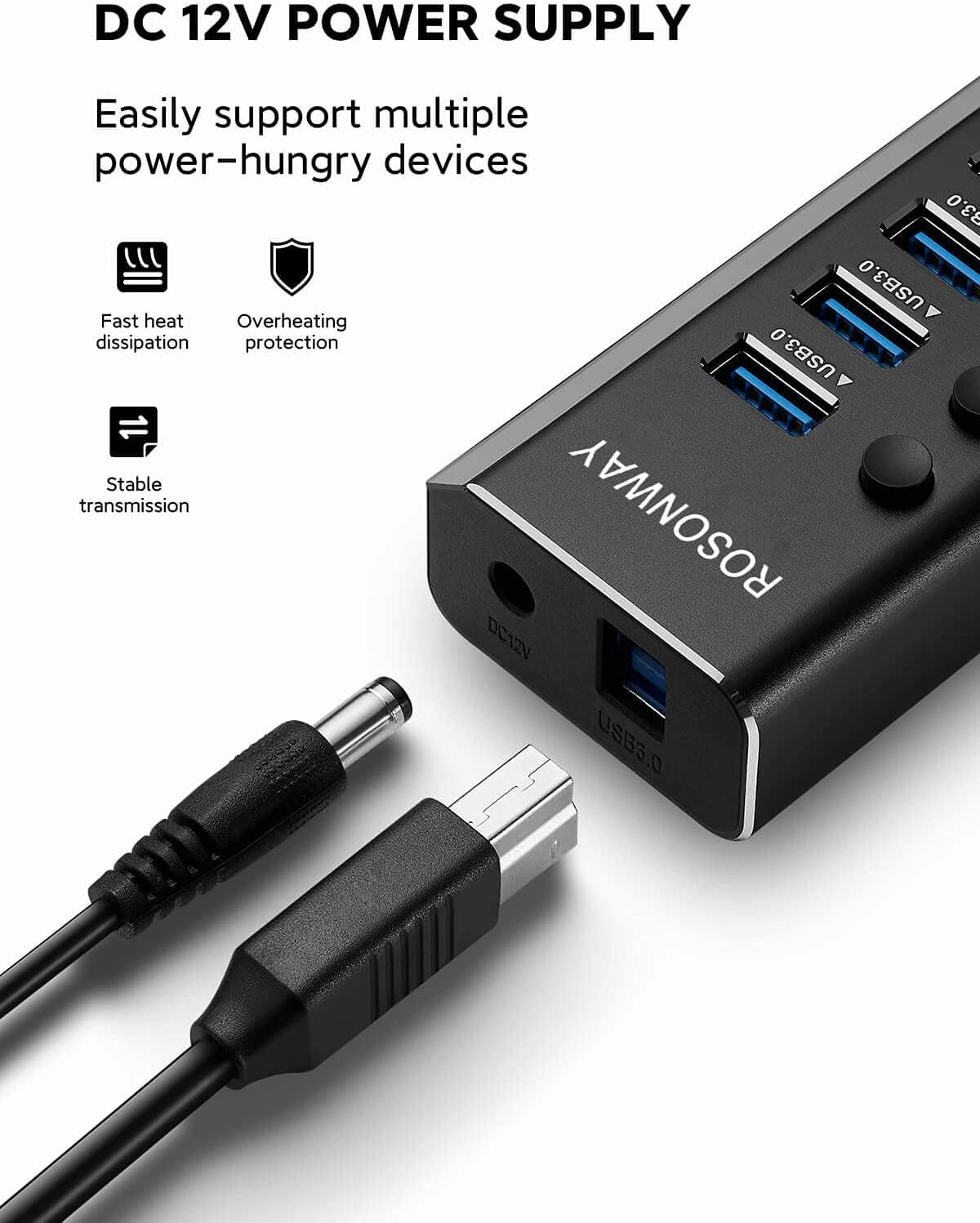 Powered USB Hub Rosonway 16 Ports 96W USB 3.0 Data Hub Aluminum USB Hub 3.0 Splitter with 12V/8A Power Adapter and Individual On/Off Switches RSH-A16 (Black)
