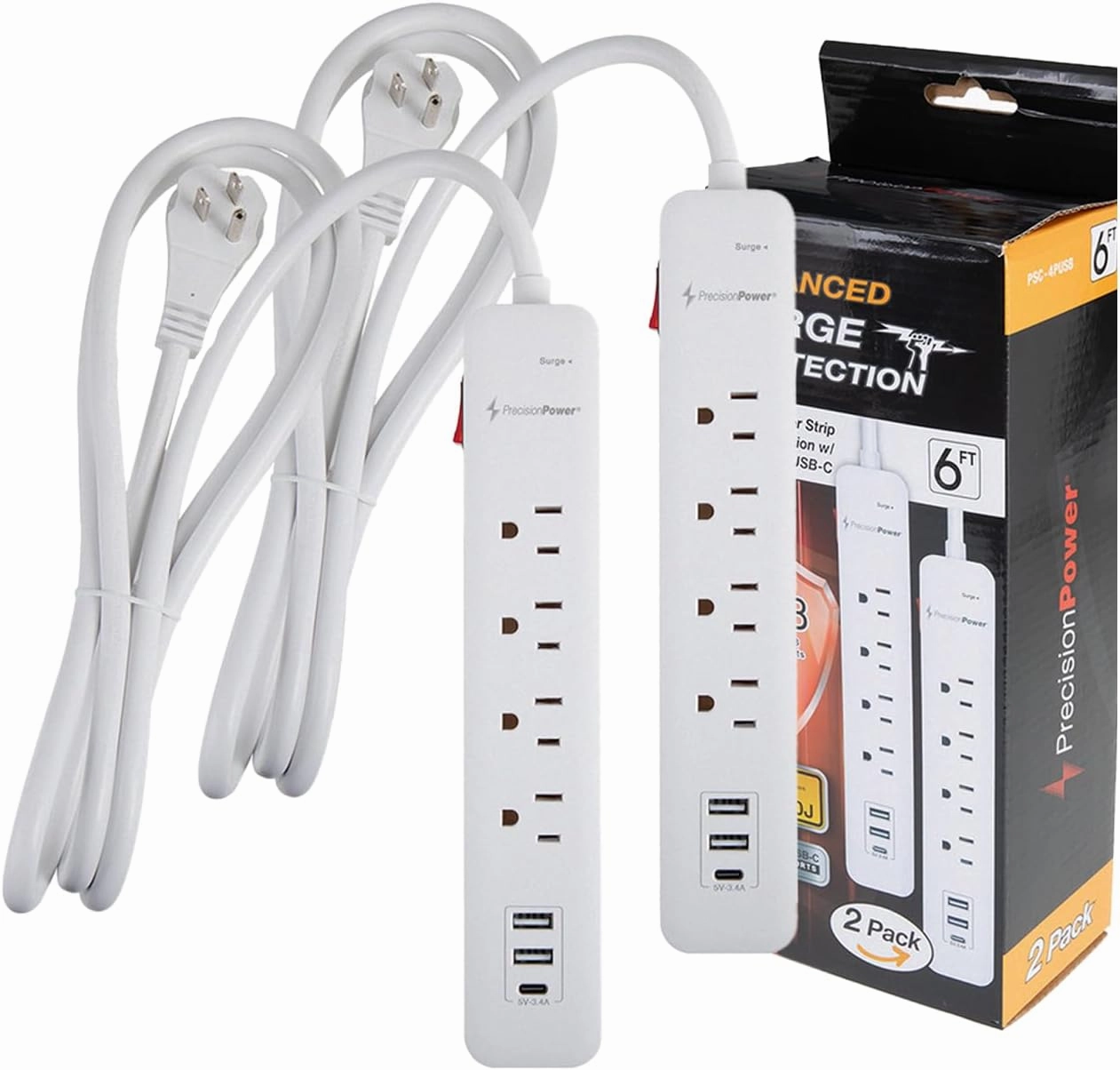 Precision Power 6-Ft Long Surge Protector Extension  Heavy Duty Flat Plug with 4 Outlets, 3 USB Ports, Multi-Outlet Use w/LED Lights Indicator, Ideal for Home, Office & Everywhere - Pack of 2 power cord,hi-fi power cable,AC power lead,