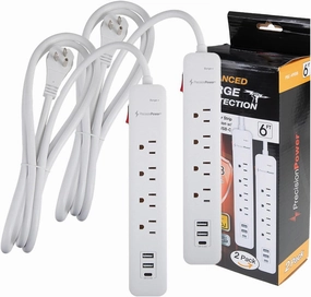 Precision Power 6-Ft Long Surge Protector Extension  Heavy Duty Flat Plug with 4 Outlets, 3 USB Ports, Multi-Outlet Use w/LED Lights Indicator, Ideal for Home, Office & Everywhere - Pack of 2 power cord,hi-fi power cable,AC power lead,