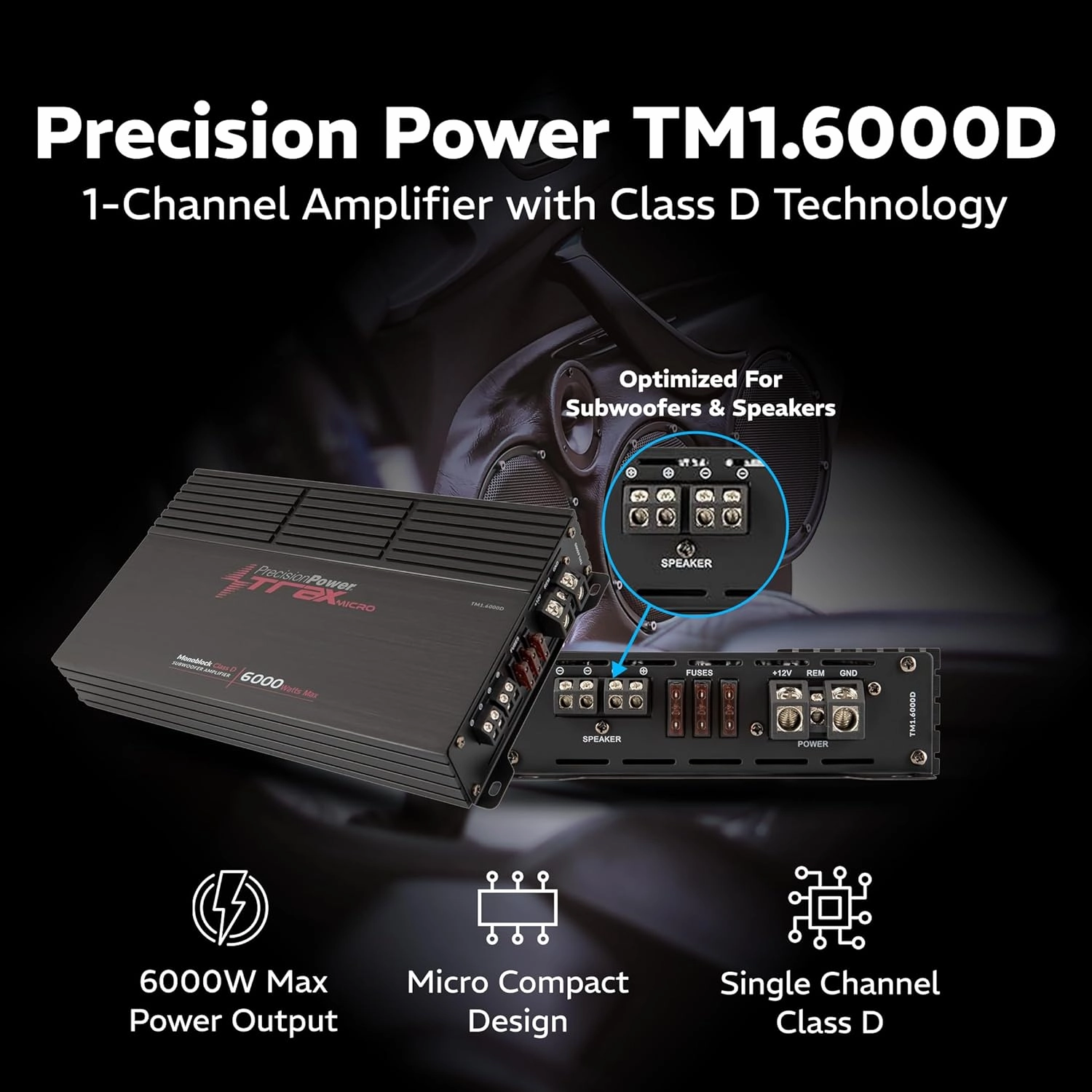 Precision Power Trax Micro Monoblock Class D Car Stereo Amplifier TM1.6000D  6000W Single Channel Digital Subwoofer Amp with Wired Bass Control & High-Level Inputs for Powerful Audio