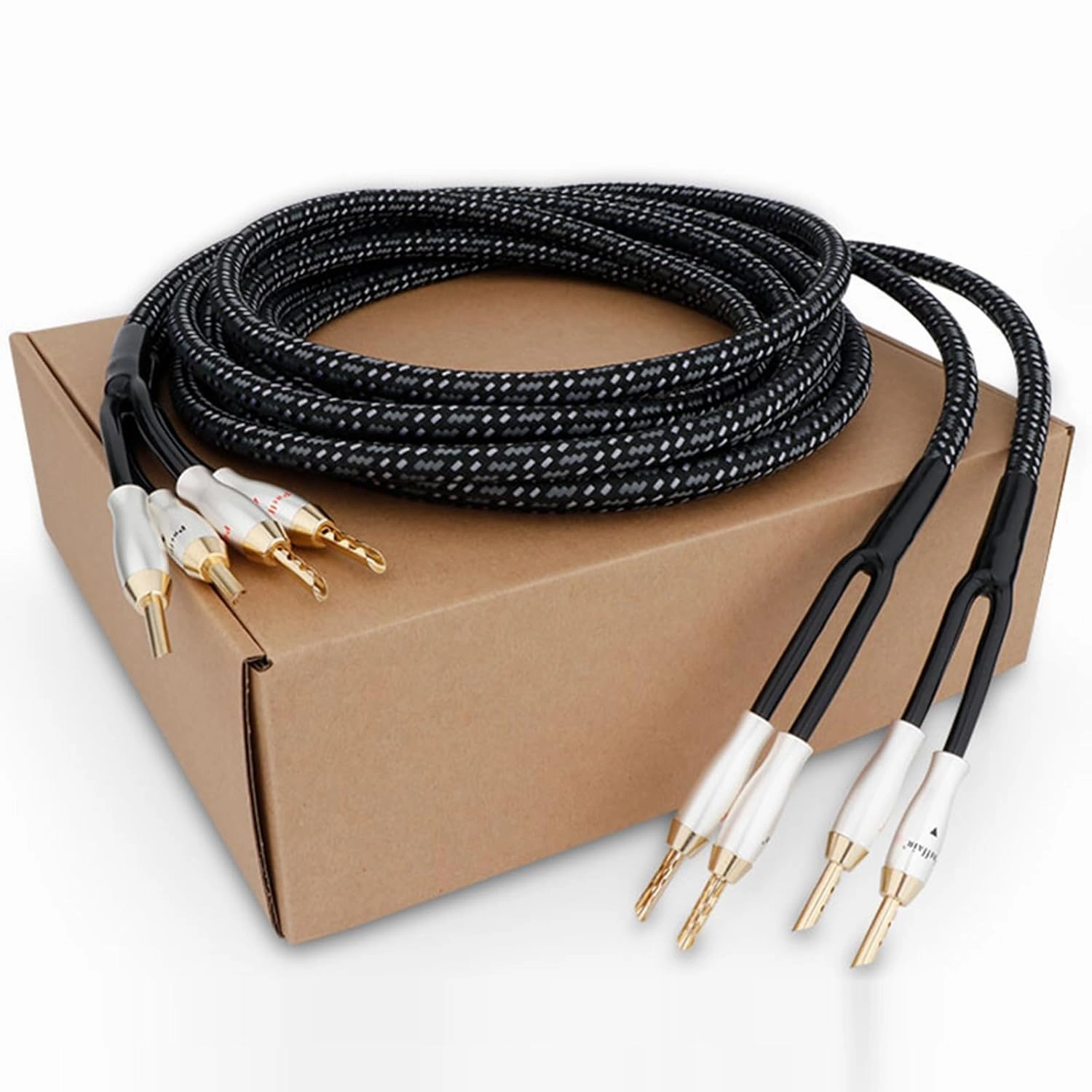 Preffair 1 Pair 14AWG/2mm2 HiFi Speaker Cable, OFC Copper Braided Speaker Wires with BFA Banana Plugs Gold Plated (White-Black, 5 feet)
