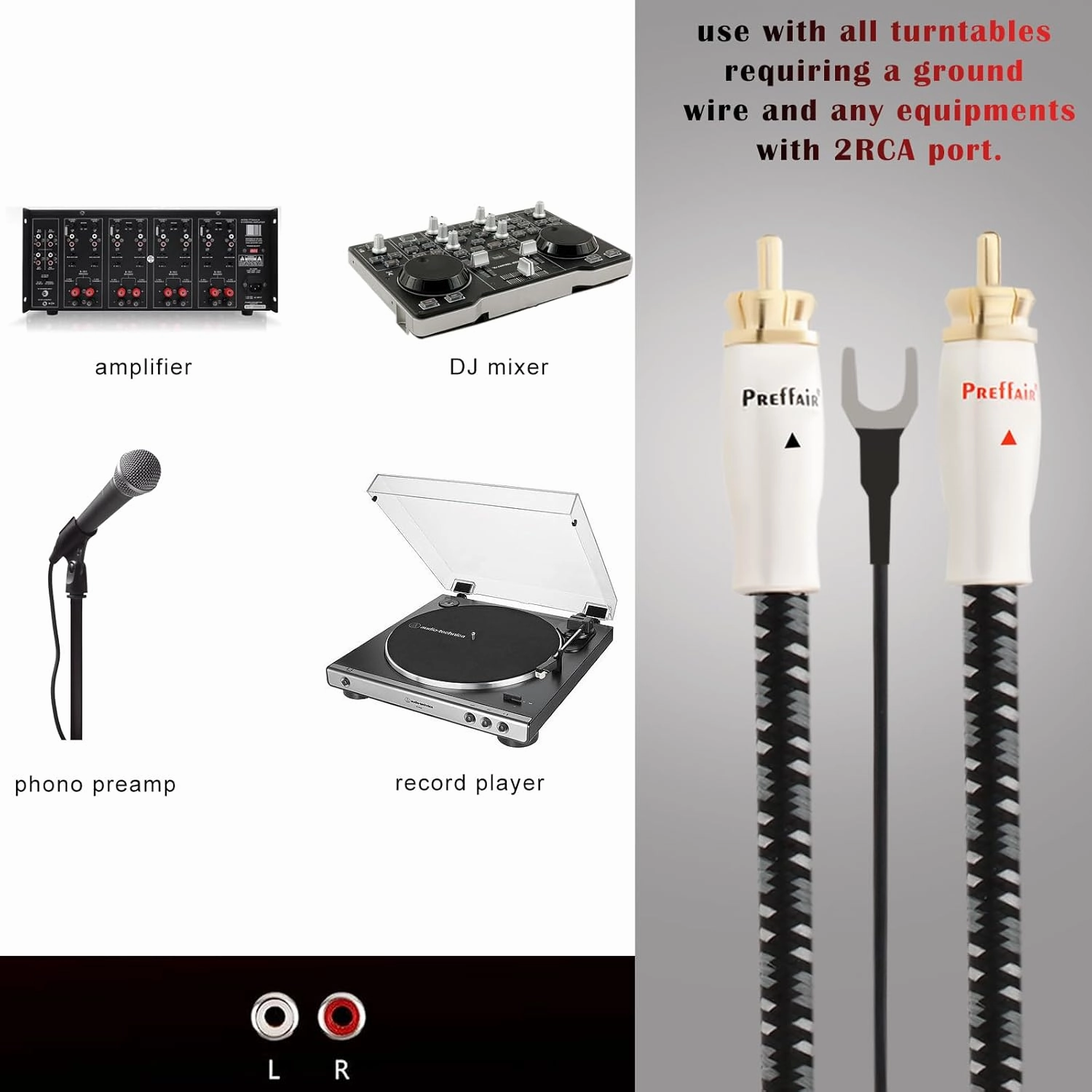 Preffair 5FT High End Turntable Cable with Ground Cable Gold Plated Dual RCA Connectors Stereo Phono Interconnecting Wire for Preamp, Record Player, Amplifier