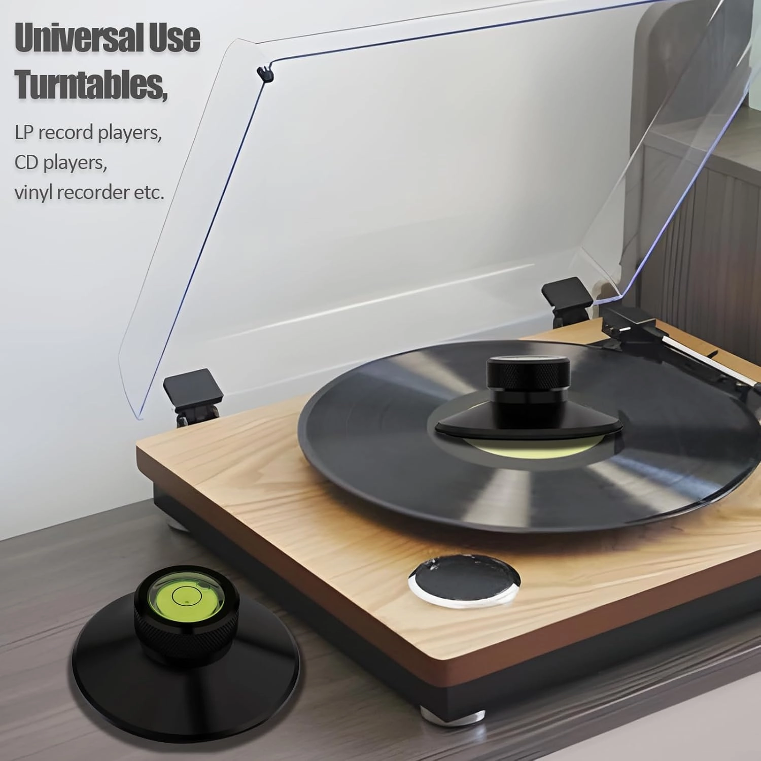 Preffair Audiophile Record Weight Stabilizer 3.8OZ Aluminum Turntable Weight with Bubble Level and Protective Soft Base Pad LP Record Player Vinyl Disc Vibration Reducer(Black)