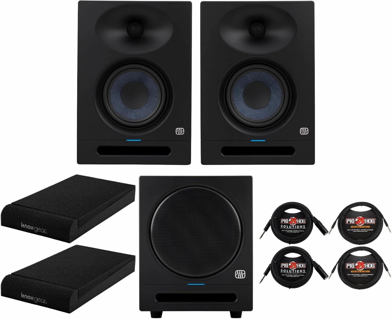 PreSonus Eris Studio 4 4.5-Inch Compact Active Studio Monitors with Acoustic Tuning Bundle with 1/4-Inch TRS Cables, 1/4-Inch TRS to XLR Male, Studio Subwoofer and Speakers Isolation Pads (8 Items) studio monitors,nearfield speakers,mixing reference monito