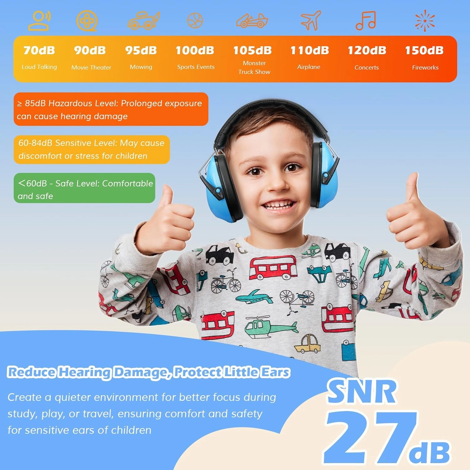 ProCase Noise Cancelling Headphones for Kids Toddler, SNR 27dB Noise Reduction Ear Muffs, Hearing Protection for Monster Jam, Concerts, Fireworks, Shooting, Air Show, Autism Sensory Needs -Blue