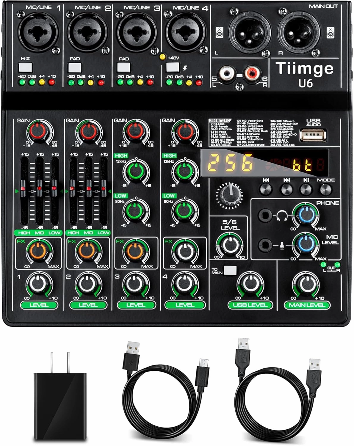 Professional 6-Channel Audio Mixer with 256 DSP Effects,48V Phantom Power,Bluetooth,MP3,USB Recording Input,Portable Sound Mixing Console for Streaming,DJ Show,Karaoke mixer console,audio mixing desk,DJ console,