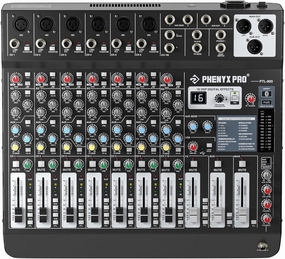 Professional 8-Channel Audio Mixer, Phenyx Pro DJ Sound Mixer Board w/Flexible AUX, BUS, SUB Routing, 16 DSP, BT Streaming & USB-B PC Recording, Mixing Console for Stage, Home Studio (PTL-800) mixer console,audio mixing desk,DJ console,
