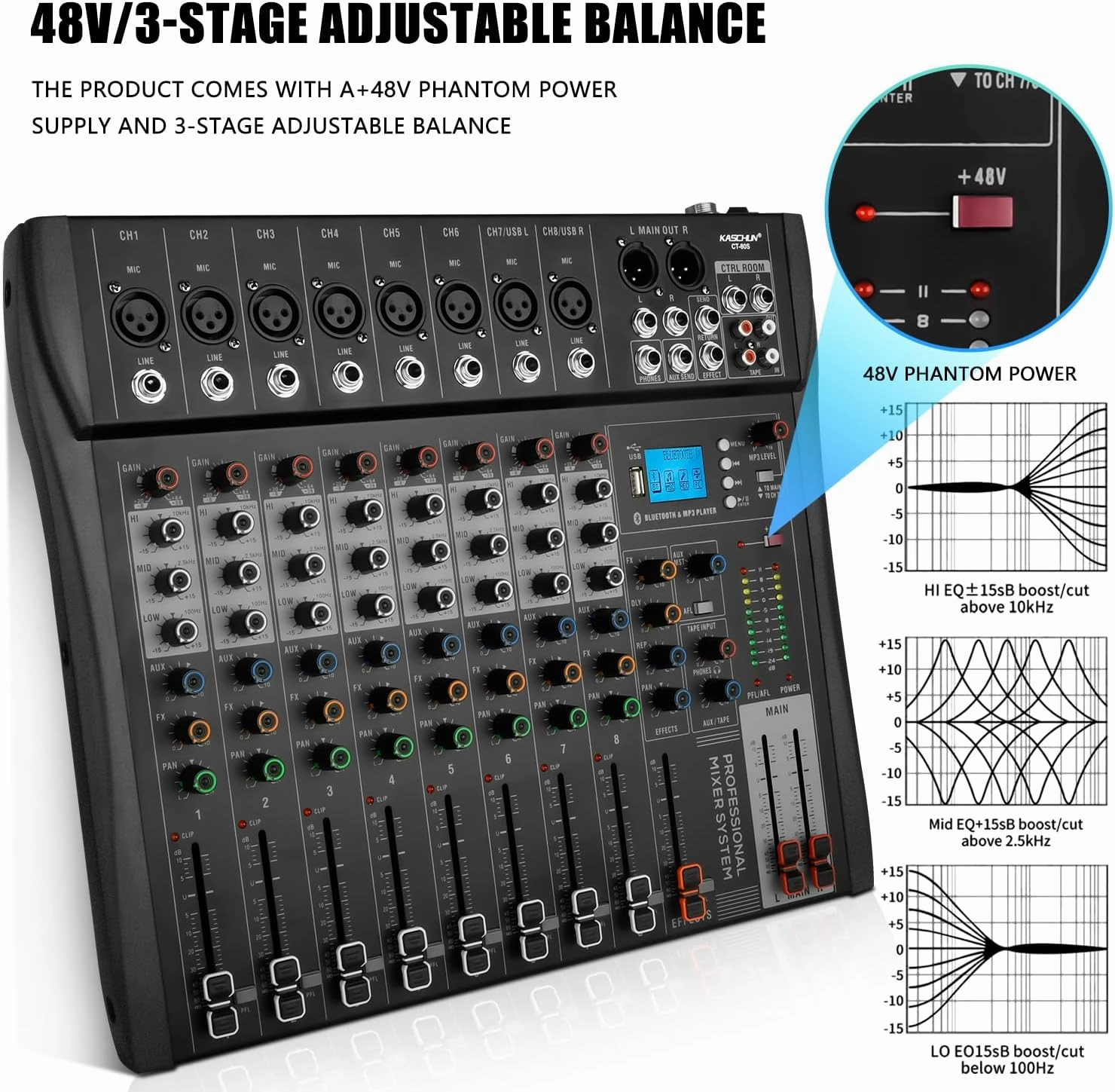 Professional Audio mixer8 channel mixer sound Board mixer DJ MixingEquipped with 48V phantom power USB recording Bluetooth MP3 player, studio audio mixer suitable for DJ studio streaming recording