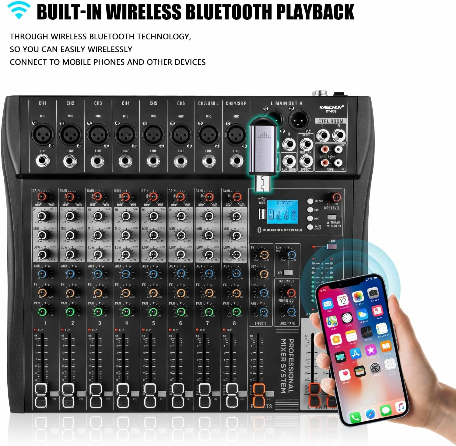 Professional Audio mixer8 channel mixer sound Board mixer DJ MixingEquipped with 48V phantom power USB recording Bluetooth MP3 player, studio audio mixer suitable for DJ studio streaming recording