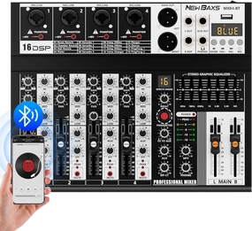 Professional Audio Mixer, 4 Channel Audio Interface Sound Board Mixing Console System Monitor, NEW BAXS 16-Bit DSP DJ Bluetooth Mixer  48V Phantom Effect For Karaoke Studio Streaming Recording audio interface,USB interface,music recording input,