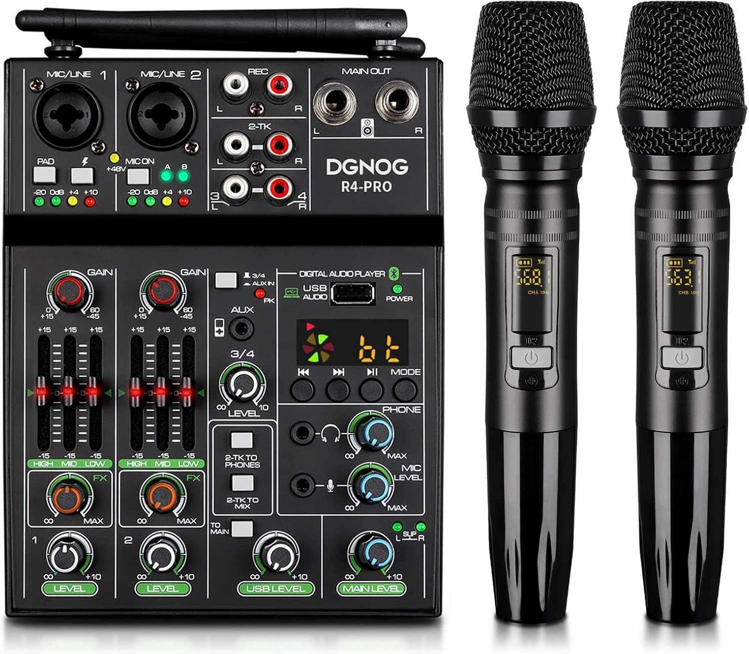 Professional Audio Mixer, 4 Channel Sound Mixer With Dual Wireless Mic, Sound Board Console MP3 Bluetooth 48V Phantom Power USB Interface DJ Mixing for Home Karaoke Party Computer Studio Recording balanced output player,audiophile player,hi-res digital pla