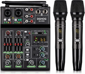 Professional Audio Mixer, 4 Channel Sound Mixer With Dual Wireless Mic, Sound Board Console MP3 Bluetooth 48V Phantom Power USB Interface DJ Mixing for Home Karaoke Party Computer Studio Recording balanced output player,audiophile player,hi-res digital pla