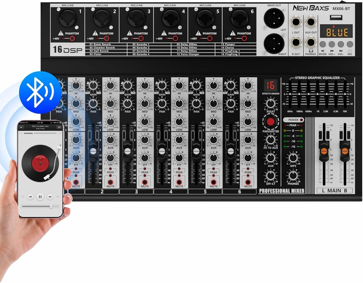Professional Audio Mixer,6 Channel Audio Interface Sound Board Mixing Console System with Monitor,16 DSP DJ Bluetooth Mixer Reverb Effect  48V Phantom For Karaoke Studio Streaming Recording audio interface,USB interface,music recording input,