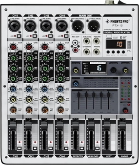 Professional Audio Mixer, Phenyx Pro Sound Console w/USB Audio Interface, 4-Channel Sound board DJ Mixer w/Stereo Equalizer, 16 DSP Effects, suitable for Stage, Live Gigs, and Karaoke (PTX-15) mixer console,audio mixing desk,DJ console,
