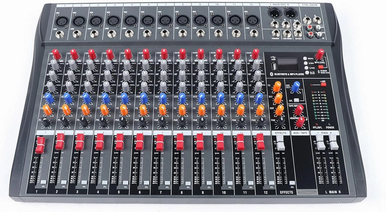 Professional Audio Mixer Sound Board Console,12 Channel Studio Audio Mixer,Bluetooth USB Live Studio Audio Mixing Power Mixing Amplifier Studio Audio DJ KTV Mixing Console USB Slot