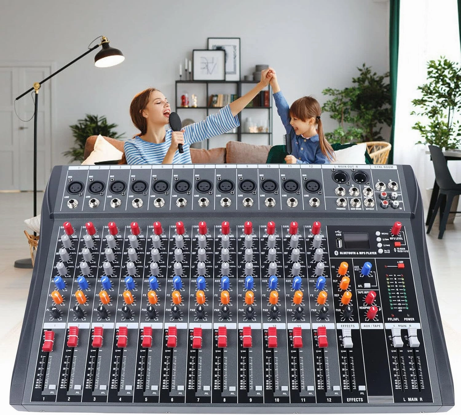 Professional Audio Mixer Sound Board Console,12 Channel Studio Audio Mixer,Bluetooth USB Live Studio Audio Mixing Power Mixing Amplifier Studio Audio DJ KTV Mixing Console USB Slot