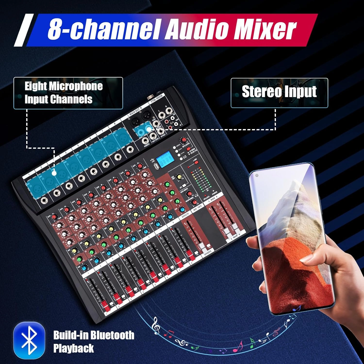 Professional Audio Mixer Sound Board Console System Interface 8 Channel Bluetooth Live Studio Mixer w/USB Drive for PC Recording KTV