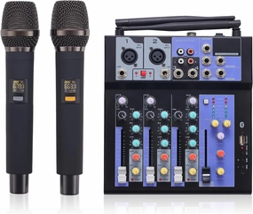 Professional Audio Mixer with Dual Wireless Mic, 4 Channel Mixer Board Sound Board DJ Mixer Console System MP3 Bluetooth 48V Phantom Power USB Interface for Home Karaoke Party mixer console,audio mixing desk,DJ console,